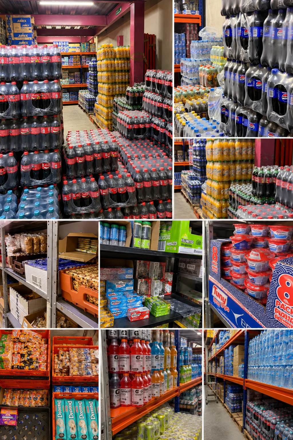 Almacén de producto de Vending Mart 24 con bebidas, botanas y abarrotes en anaquel
