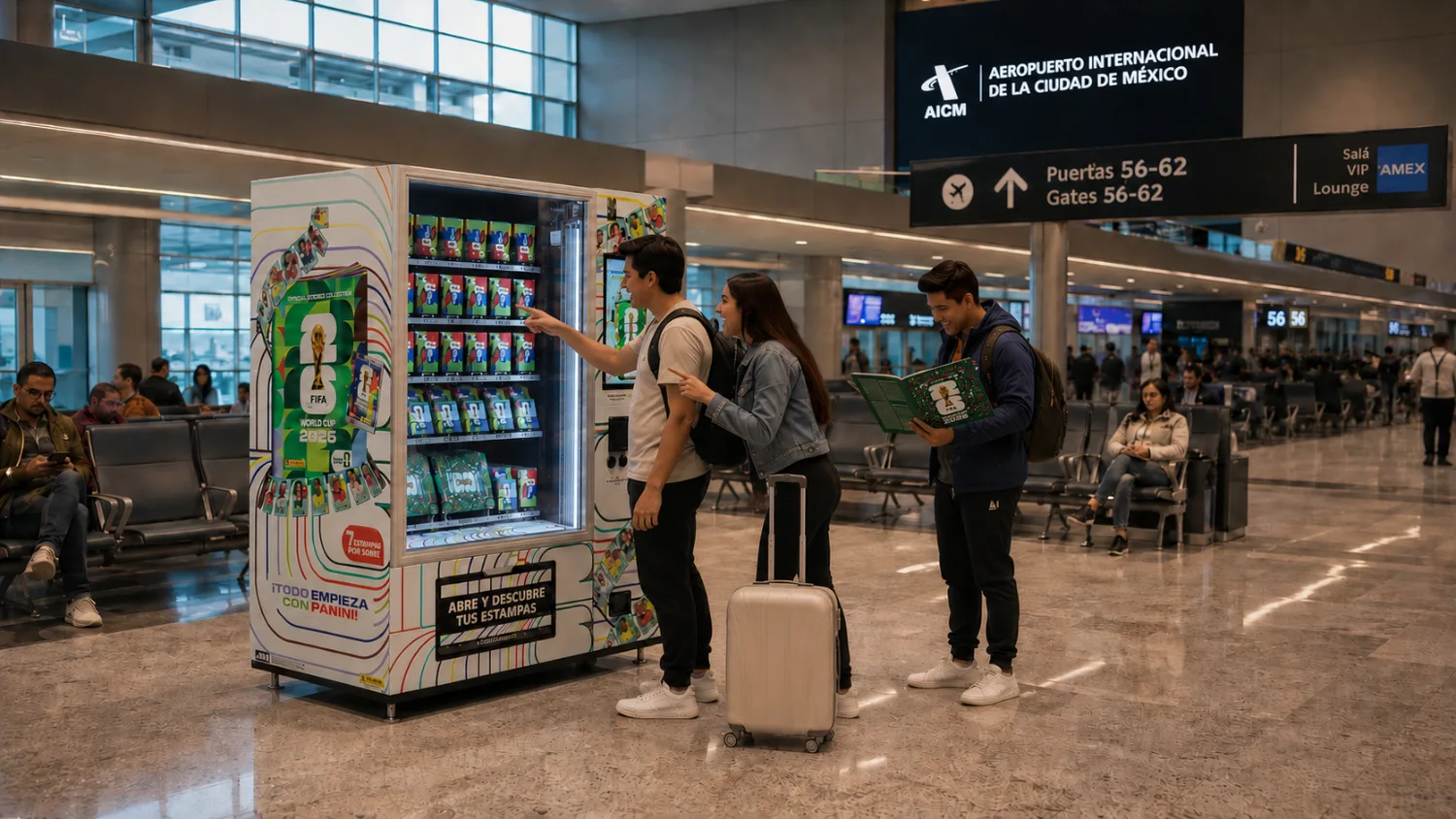Máquina Hibou Pro rotulada con imagen de campaña, instalada en aeropuerto