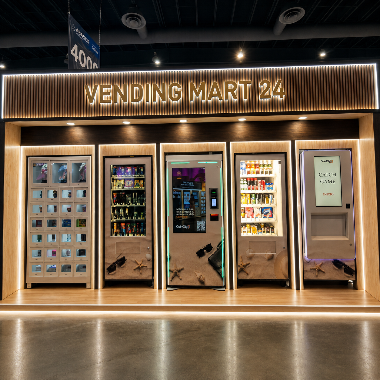 Muro de equipos Vending Mart 24 instalado: lockers, máquinas viniladas con producto a la vista y kiosco interactivo